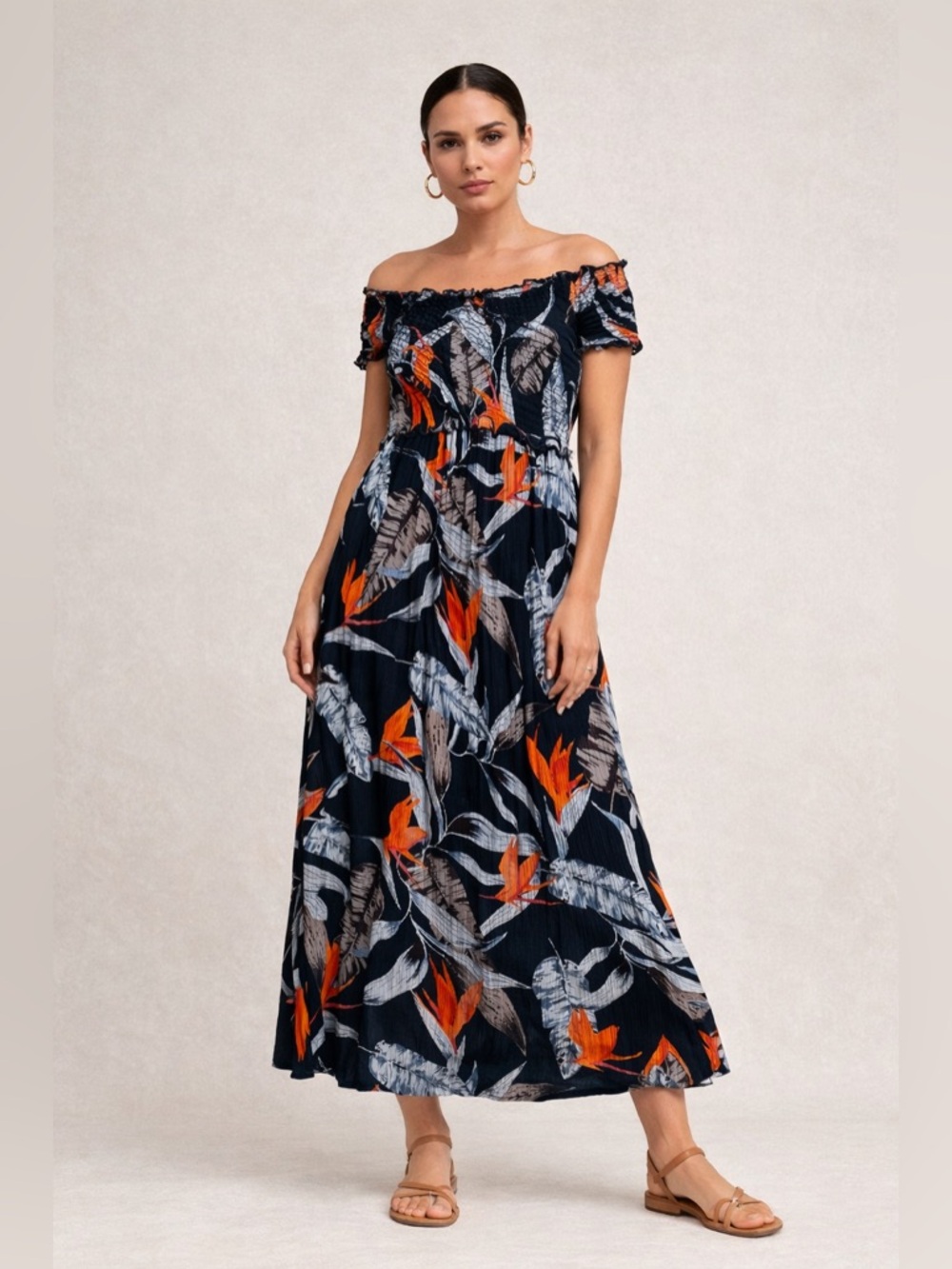 BNWOT Patrons of Peace Tropical Maxi Dress Size L Boho Resort Off Shoulder